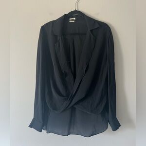 L’AGENCE Silk Black Drape Front Blouse Size Small 100% Silk Long Sleeve Wrap Top